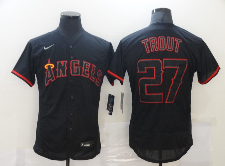 Men's Los Angeles Angels #27 Mike Trout Black Flex Base Stitched MLB Jersey Men's Los Angeles Angels #27 Mike Trout Black Flex Base Stitched MLB Jersey